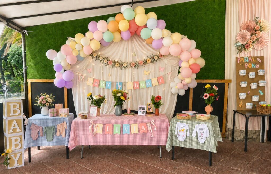 Baby shower con decoración pastel, pañales y globos en Bambino de Arinaga