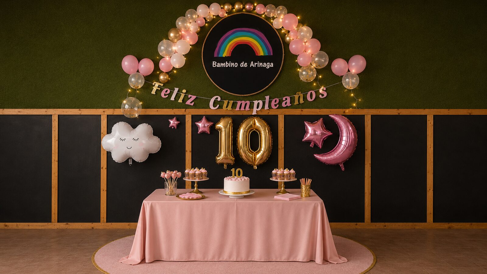 Celebración de 10 años con decoración rosa celestial, globos y pastel dorado en Bambino de Arinaga