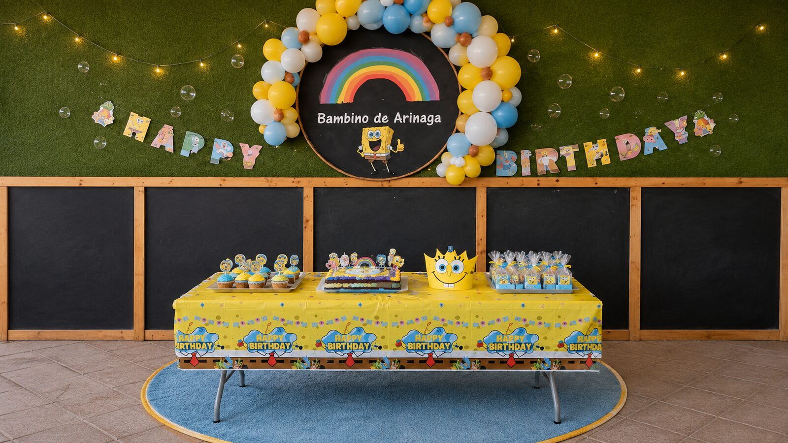 Mesa de cumpleaños temática Bob Esponja con pastel y decoración en Bambino de Arinaga