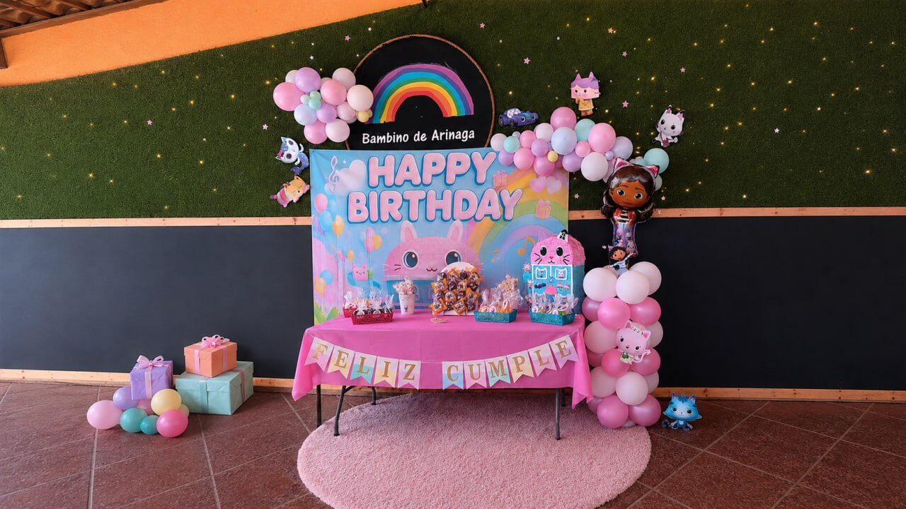 Mesa de cumpleaños Doc McStuffins con pastel y dulces en Bambino de Arinaga