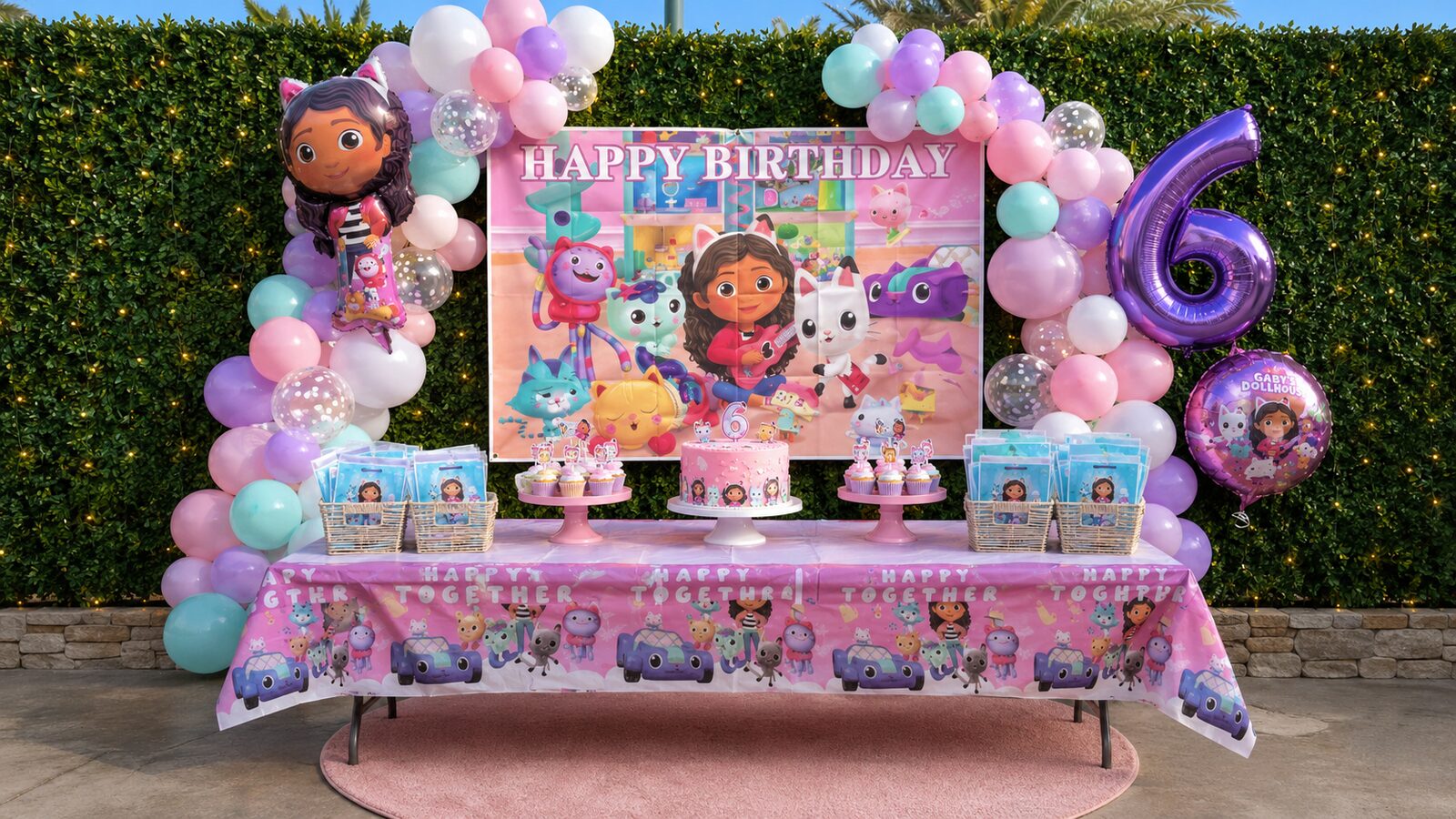 Mesa de cumpleaños temática Doc McStuffins con pastel número 6 en Bambino de Arinaga