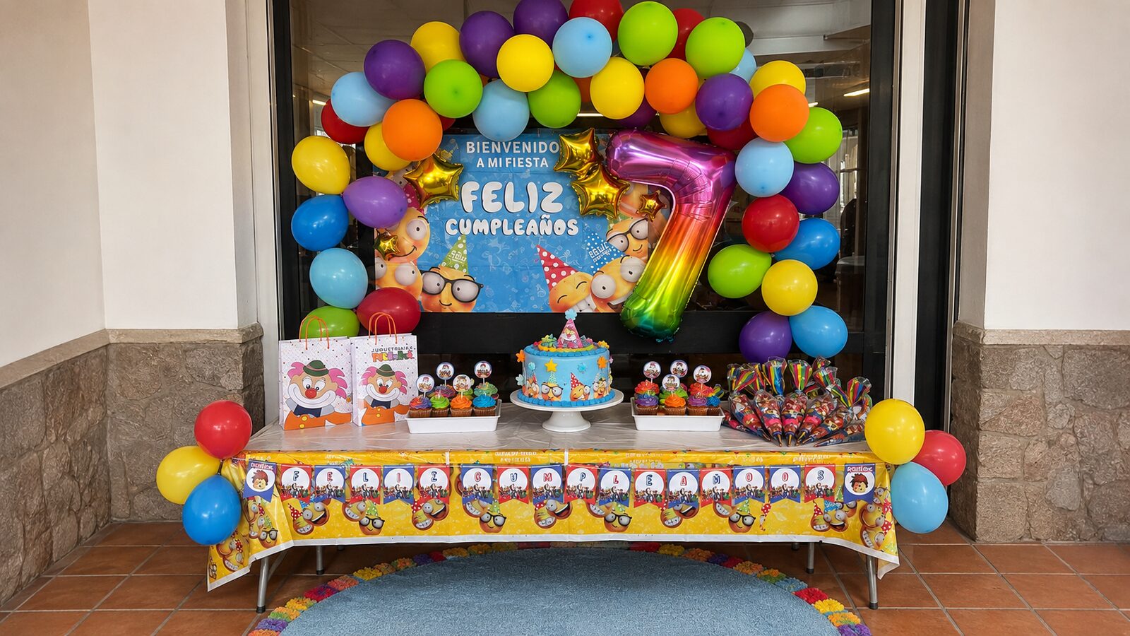 Mesa de cumpleaños de temática emojis con pastel y arco de globos en Bambino de Arinaga