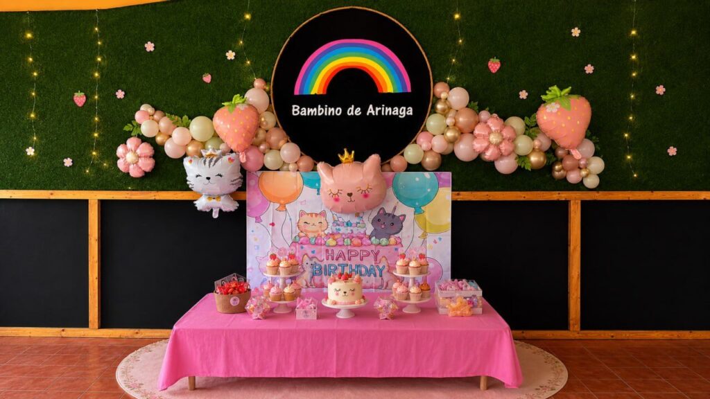 Cumpleaños infantil con temática de gatos, mesa rosa y globos en Bambino de Arinaga
