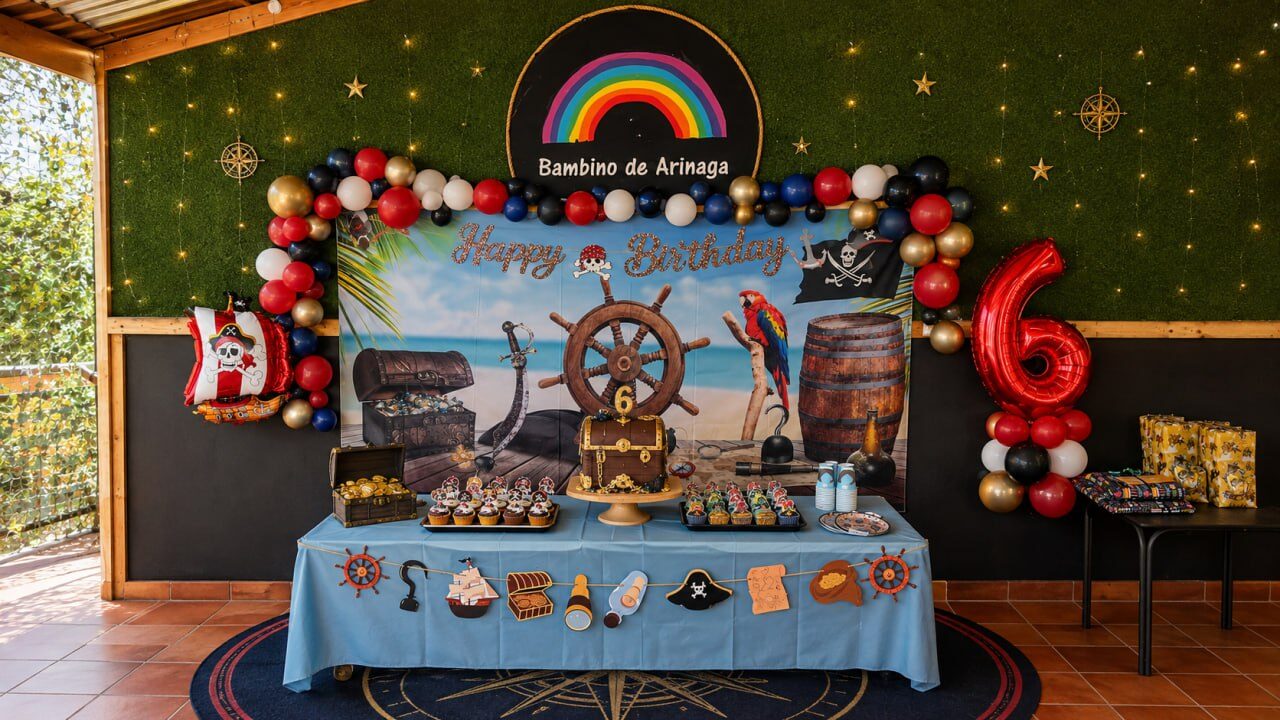 Cumpleaños de 6 años temática piratas con pastel cofre del tesoro en Bambino de Arinaga