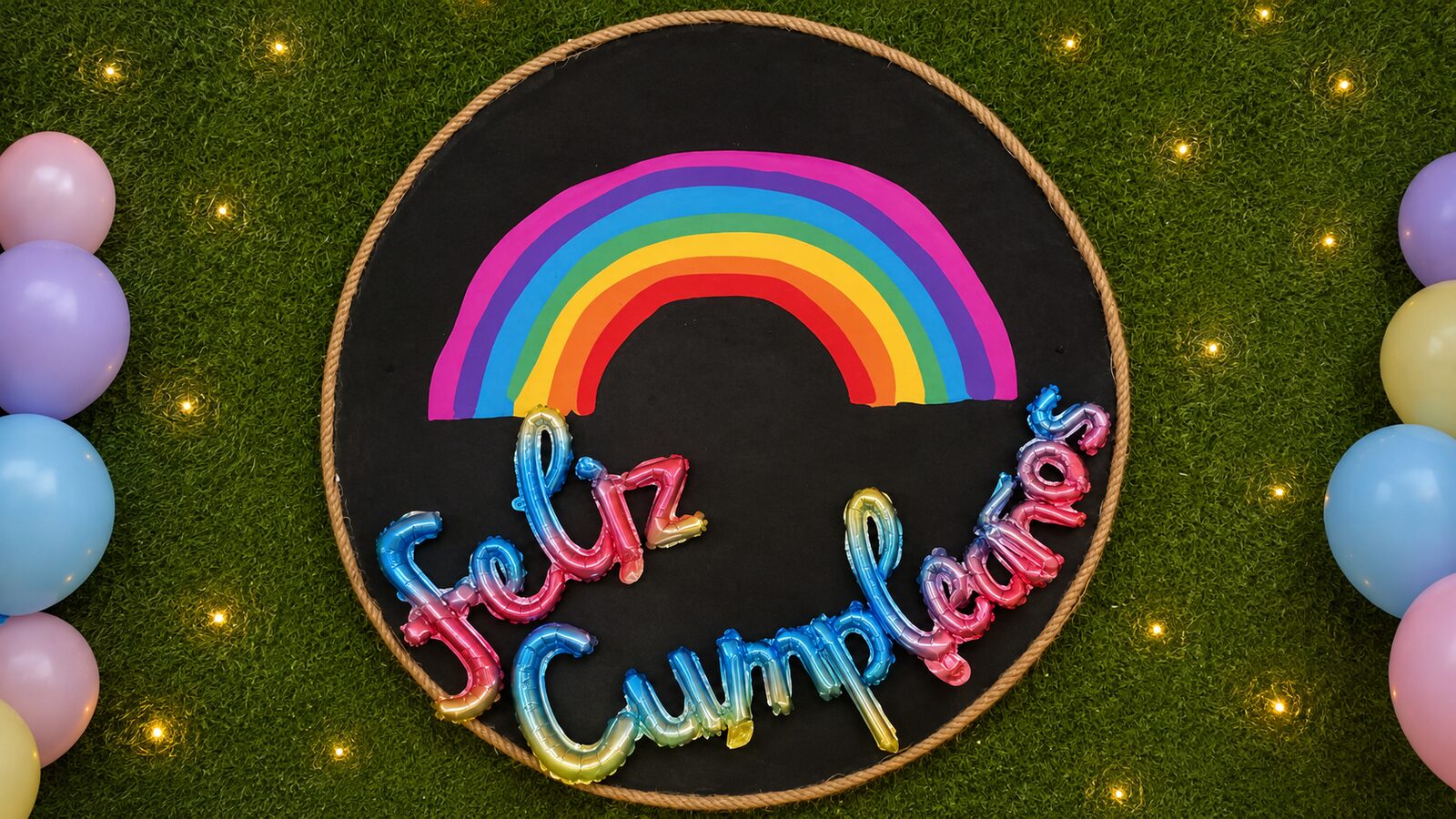 Letrero circular de Feliz Cumpleaños con arcoíris y globos, decoración de fiestas infantiles Bambino de Arinaga